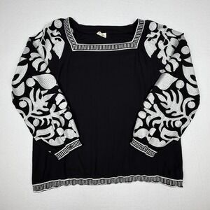 Layers Clothing Womens XL Black White Embroidered Floral Peasant Blouse Top